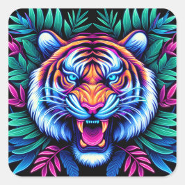 Adesivo Quadrado Neon Tiger e folhas da selva