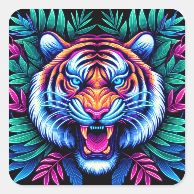 Adesivo Quadrado Neon Tiger e folhas da selva (Frente)