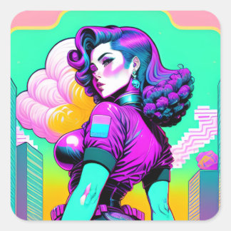 Adesivo Quadrado Neon Vaporwave Pinup Girl Sticker