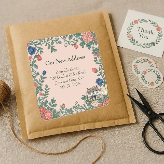 Adesivo Quadrado New House Address William Morris Inspired Greenery (New House Address William Morris Inspired Greenery Square Sticker)