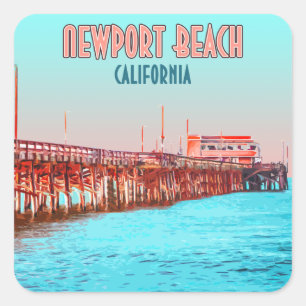 Adesivo Quadrado Newport Beach California Balboa Pier Vintage