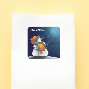 Adesivo Quadrado Noite azul feliz de Natal, Snowmen abraçando-se