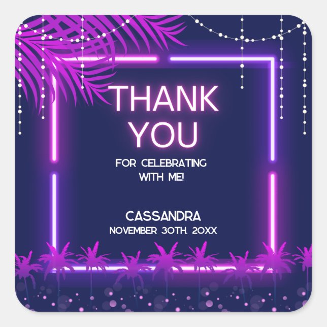 Adesivo Quadrado Noite de Noite de Neon Lights Palm Beach (Frente)