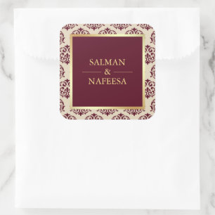 Adesivo Quadrado Noiva Damask Burgundy Folha Dourada Falsa