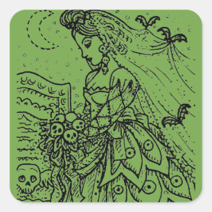 ADESIVO QUADRADO NOIVA DE HALLOWEEN GÓTICA, MORCEGOS, VÉU, BOUQUET