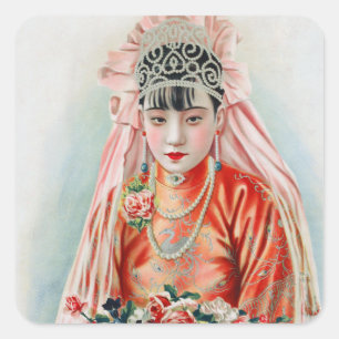 Adesivo Quadrado Noiva de Vermelho em Casamento Chinês em Xangai