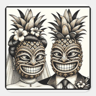 Adesivo Quadrado Noiva e Noivo Cabeça Tiki de Abacaxi Aloha Casamen