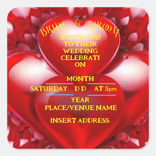 Adesivo Quadrado NOIVA E NOIVO Corações Vermelhos de Amor (Frente)