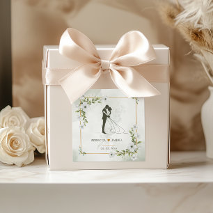 Adesivo Quadrado Noiva e Noivo de Casamento Floral Branco Elegante