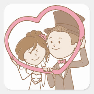 Adesivo Quadrado Noiva e Noivo de Desenho Animado Casamento Marrom