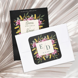 Adesivo Quadrado Noiva Lírio Bege Preto Floral Monograma Casamento