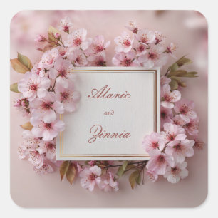 Adesivo Quadrado Noiva Moldura Dourada com Flor de Cerejeira Rosa C