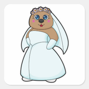 Adesivo Quadrado Noiva Urso com Coroa de Flores