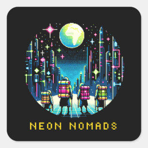 Adesivo Quadrado Nômades Neon de 8 bits - Cyberpunk City Adventure