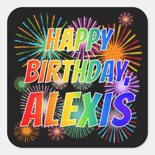 Adesivo Quadrado Nome "ALEXIS", Diversão "FELIZ ANIVERSÁRIO" (Frente)