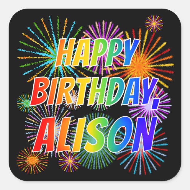 Adesivo Quadrado Nome "ALISON", Diversão "FELIZ ANIVERSÁRIO" (Frente)