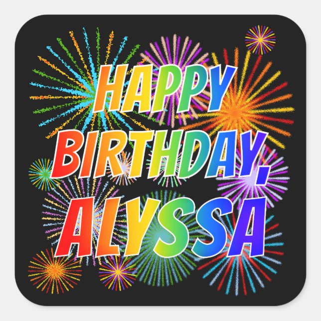Adesivo Quadrado Nome "ALYSSA", Diversão "FELIZ ANIVERSÁRIO" (Frente)