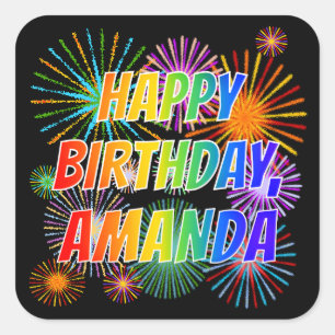 Adesivo Quadrado Nome "AMANDA", Diversão "FELIZ ANIVERSÁRIO"