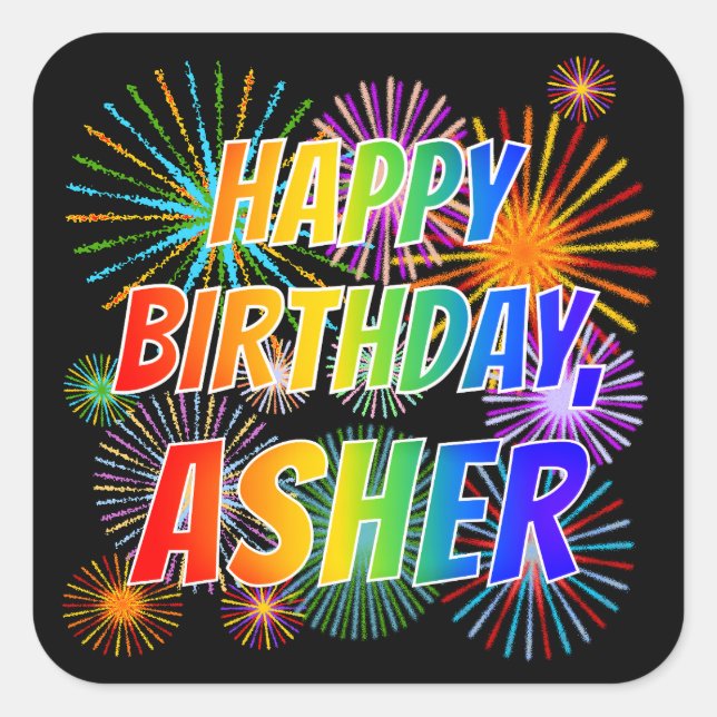 Adesivo Quadrado Nome "ASHER", Diversão "FELIZ ANIVERSÁRIO" (Frente)
