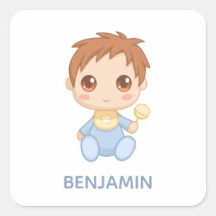 Adesivo Quadrado Nome azul do costume do Jumpsuit do bebé