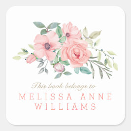 Adesivo Quadrado Nome Blush Coral Watercolor Floral Bookplate