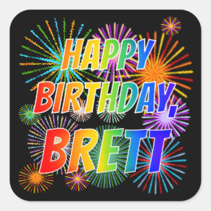 Adesivo Quadrado Nome "BRETT", Diversão "FELIZ ANIVERSÁRIO"