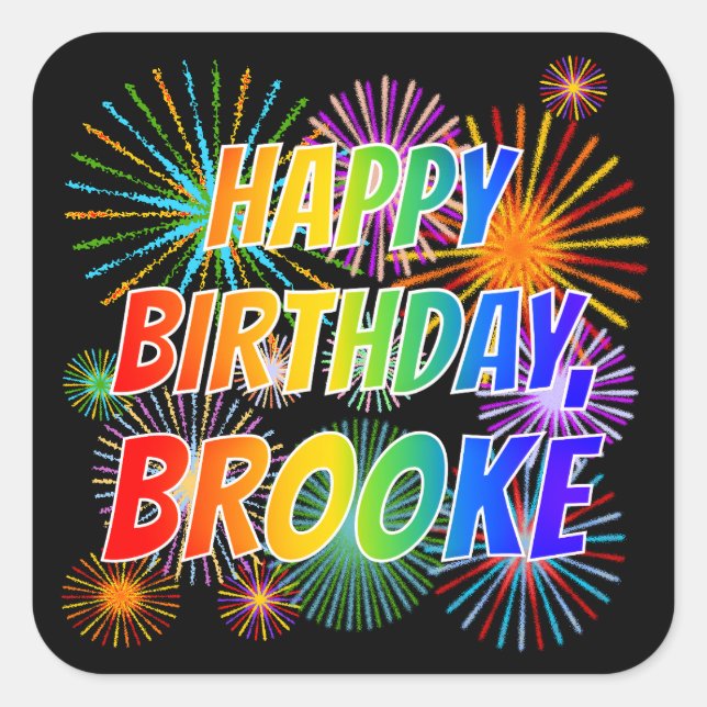 Adesivo Quadrado Nome "BROOKE", Diversão "FELIZ ANIVERSÁRIO" (Frente)