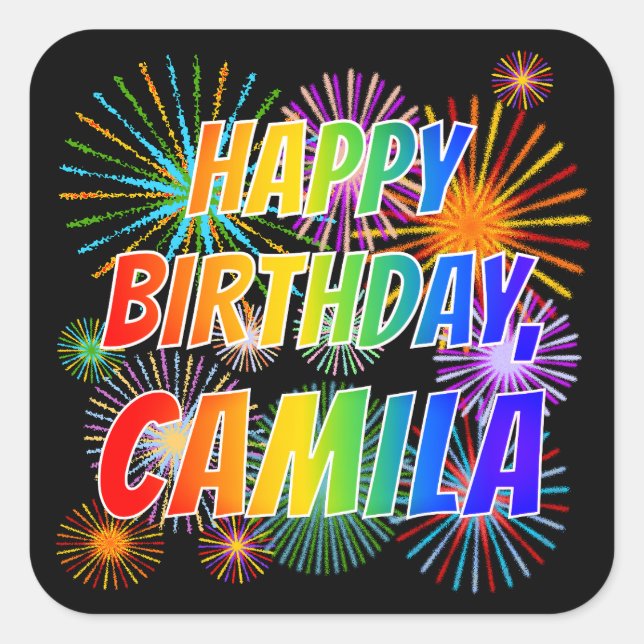 Adesivo Quadrado Nome "CAMILA", Diversão "FELIZ ANIVERSÁRIO" (Frente)