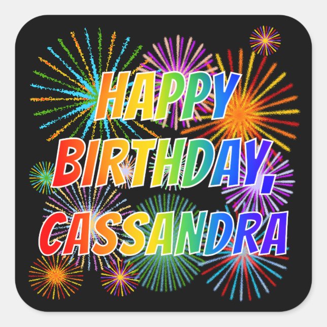 Adesivo Quadrado Nome "CASSANDRA", Diversão "FELIZ ANIVERSÁRIO" (Frente)