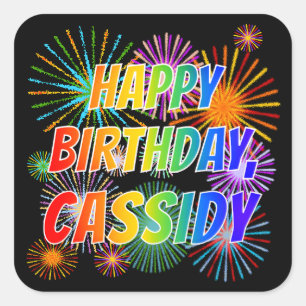 Adesivo Quadrado Nome "CASSIDY", Diversão "FELIZ ANIVERSÁRIO"