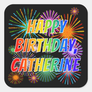 Adesivo Quadrado Nome "CATHERINE", Diversão "FELIZ ANIVERSÁRIO"