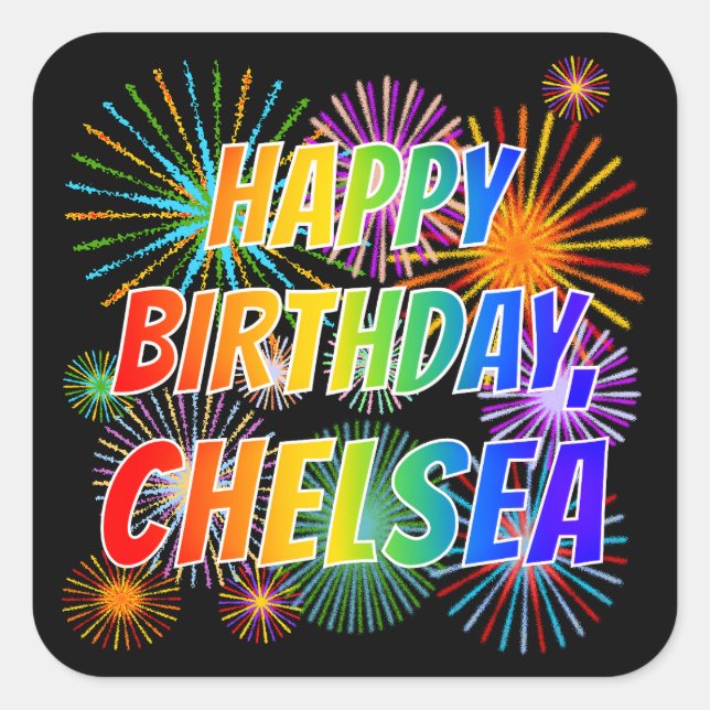 Adesivo Quadrado Nome "CHELSEA", Diversão "FELIZ ANIVERSÁRIO" (Frente)