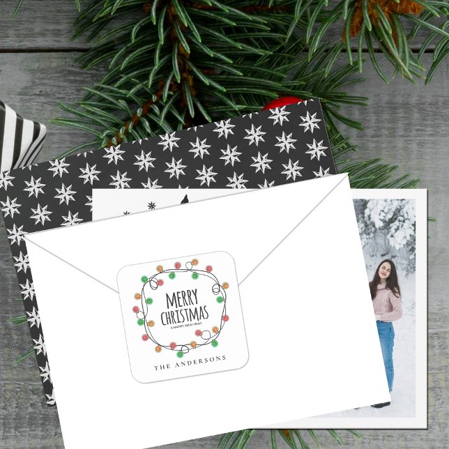 Adesivo Quadrado Nome Colorido Luzes de Natal Feliz Natal (Colorful Name Christmas Lights Merry Christmas Square Sticker)