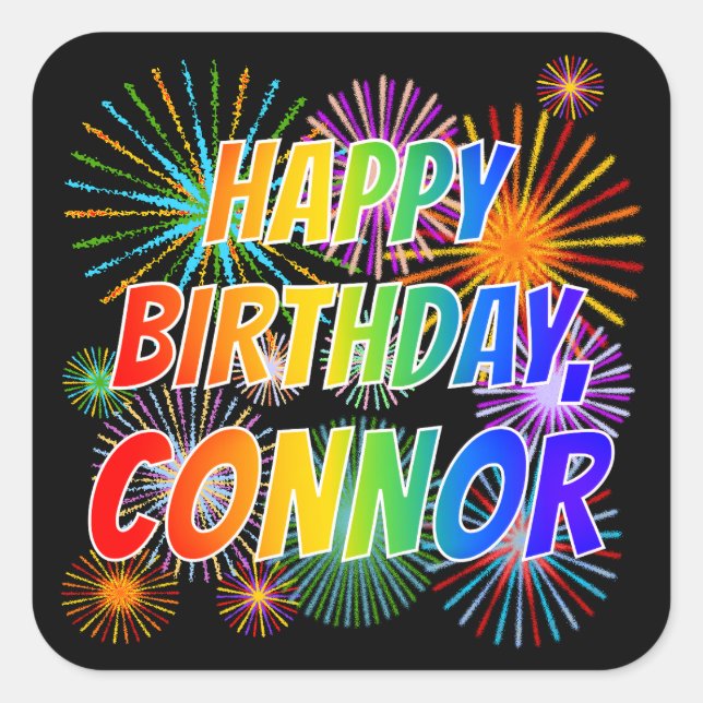 Adesivo Quadrado Nome "CONNOR", Diversão "FELIZ ANIVERSÁRIO" (Frente)