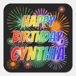 Adesivo Quadrado Nome "CYNTHIA", Diversão "FELIZ ANIVERSÁRIO"