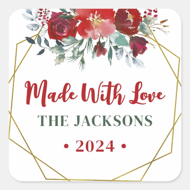 Adesivo Quadrado Nome da Família Boho Watercolor Christmas Wreath (Frente)