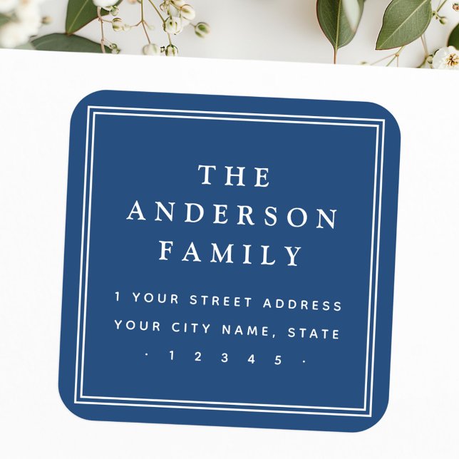 Adesivo Quadrado Nome da família borda azul escuro endereço de reto (Family name border dark blue return address square sticker)