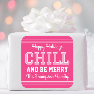 Adesivo Quadrado Nome da família Feriados Felizes Cor-de-rosa retró