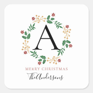 Adesivo Quadrado Nome da Família Floral Christmas Wreath Monogramed