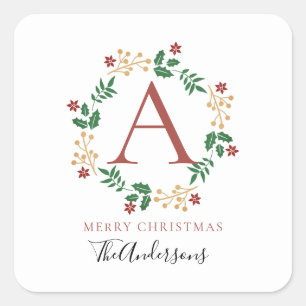 Adesivo Quadrado Nome da Família Floral Christmas Wreath Monogramed