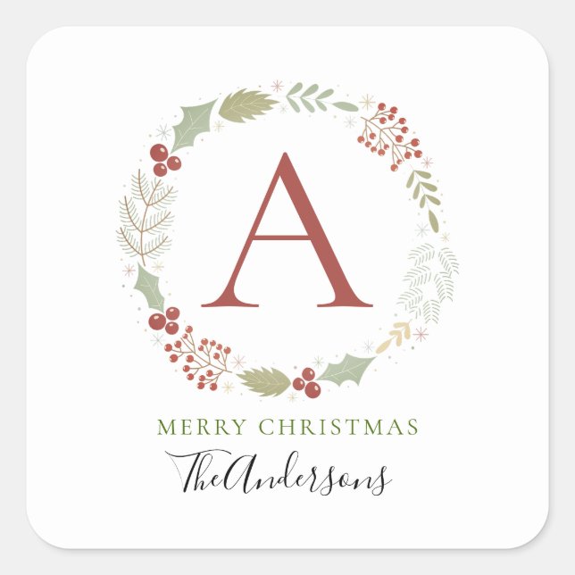 Adesivo Quadrado Nome da Família Floral Christmas Wreath Monogramed (Frente)