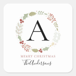 Adesivo Quadrado Nome da Família Floral Christmas Wreath Monogramed