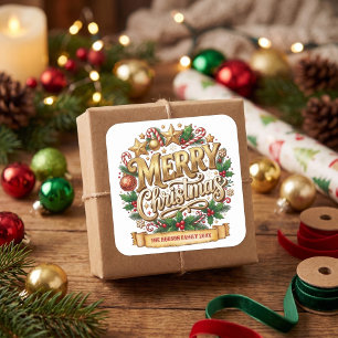 Adesivo Quadrado Nome da Família Natal Feliz Retro Dourado