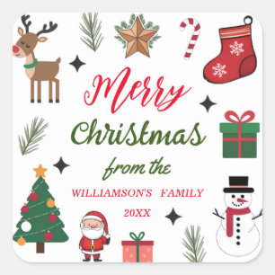 Adesivo Quadrado Nome da Família Personalizada de Feliz Natal Elega