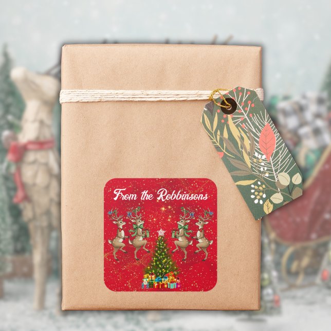 Adesivo Quadrado Nome da família Red Whimsical Marching Reindeer (Criador carregado)