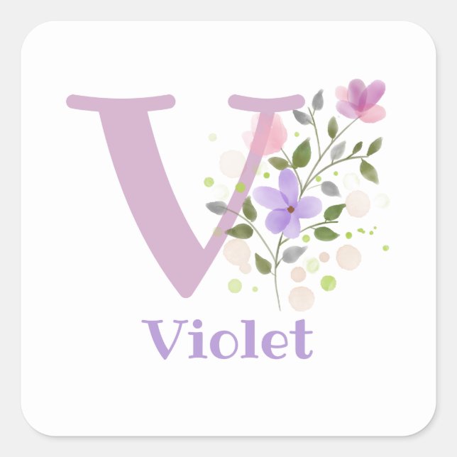 Adesivo Quadrado Nome de adição inicial Violet & Flowers Design (Frente)