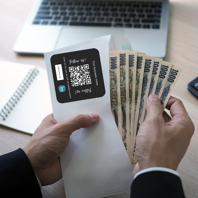 Adesivo Quadrado Nome de empresa branco preto código qr linkedin (Criador carregado)