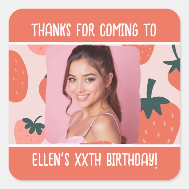 Adesivo Quadrado Nome de Foto de Aniversário Personalizado Qualquer (Frente)