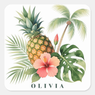 Adesivo Quadrado Nome de Verão Floral Havaí Abacaxi & Hibisco