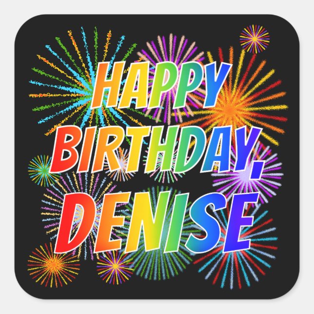 Adesivo Quadrado Nome "DENISE", Diversão "FELIZ ANIVERSÁRIO" (Frente)